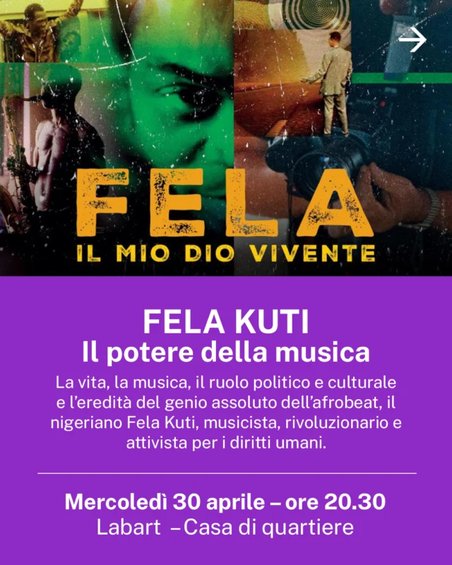 FELA KUTI – Il potere della musica.
Regia di Daniele Vicari. 
Italia, 2023, durata 90 minuti. 
--
La vita, la musica, il ruolo politico e culturale e l’eredità del genio assoluto dell’afrobeat, il nigeriano Fela Kuti, musicista, rivoluzionario e attivista per i diritti umani.
--
#arciemiliaromagna @ucca_aps @regione_emiliaromagna